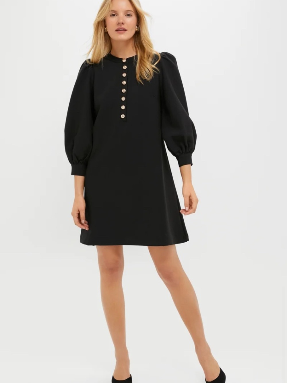 Tuckernuck Pomander Place Classic Black Crepe Samantha Puff-Sleeve Shift Dress M